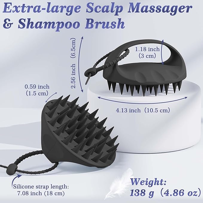 Manmihealth Large Hair Scalp Scrubber, One-piece Silicone Scalp Massager for Wet Dry, Long Bristles Shampoo Brush for Dandruff Removal and Hair Growth with Free Strap&Hook.(Style 2 Black)