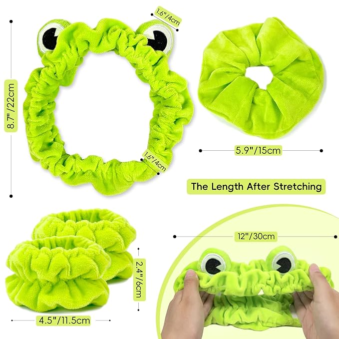 my novel things Face Wash Headband, Skincare Headband Wrist Bands For Washing Face Set Spa Hair Bands come with a Hair Scrunchie Cute Green Frog Elastic for Makeup Girls Women