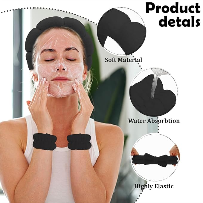 Black Spa Headband and Wristband Set with Bow for Washing Face, Skincare, Makeup - Sponge Cloud Headband for Women Girls