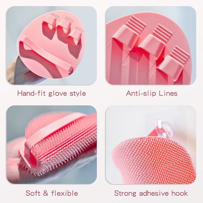 Manmihealth Silicone Back Scrubber & Soft Bath Glove Set 4 PCS(Thick Bristles), Super-Exfoliating Body Scrubber & Super-Lathering Shower Brush Combination, with 2 Adhesive Hooks (Pink)