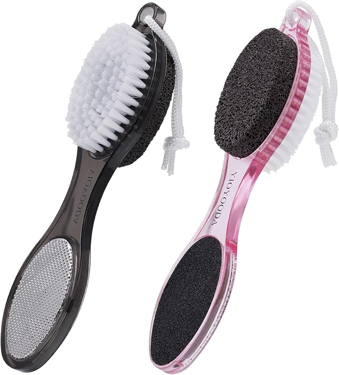 Foot Brush and Pumice Stone for Feet, 4-in-1 Foot File Callus Remover, Feet Scrubber Brush, Rasp and Sand Paper Pedicure Tools, Multi Purpose for Home Foot Care, 2 Pcs, Clear Black and Pink