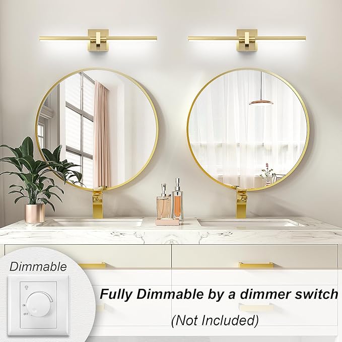 EDISLIVE Modern Dimmable LED Vanity Light 360° Rotatable Bathroom Vanity Wall Lighting Fixtures, 23.2 in Mirror Wall Sconce Fixtures for Bathroom Bedroom Makeup Living Room,6000K(Gold)