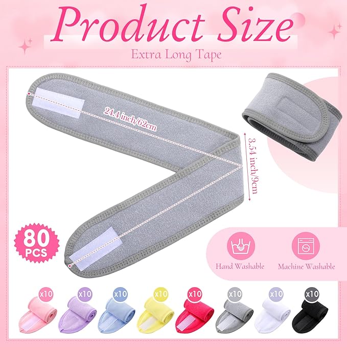 Tigeen 80 Pcs Spa Headband Facial Headbands Bulk Adjustable Hair Wraps for Women Girls Adult Skincare Makeup Shower Washing Face (Multiple Colors)