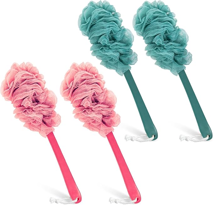Back Scrubber for Shower, Qewro Loofah on a Stick as Shower Brush Exfoliating Body with Long Handle, Loofah Sponge Mens Loofah Bathing Accessories for Women (2Pack Blue) (4Pack Blue and Pink)