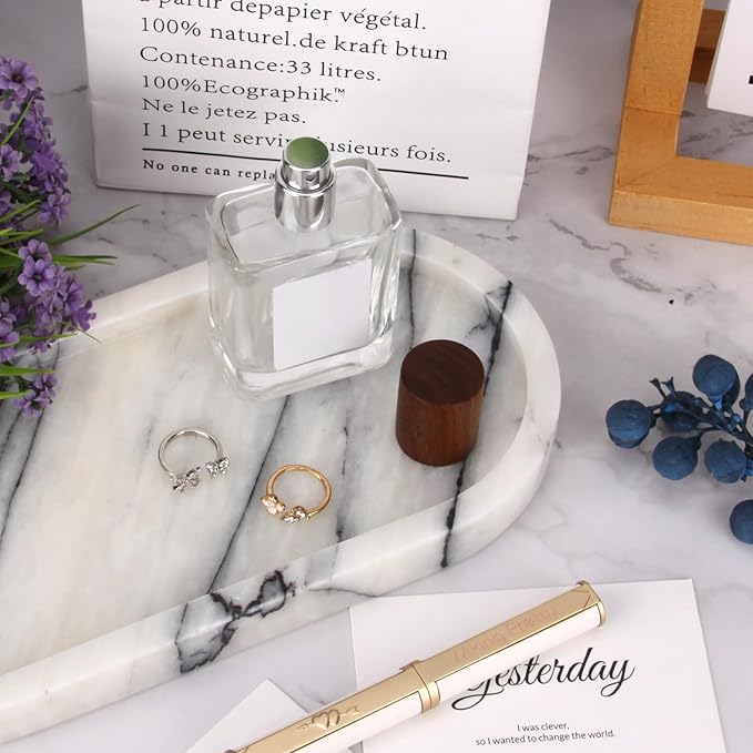 Natural Marble Tray Oval, Bathroom Vanity Tray for Countertop, Elegant Stone Decorative Organizer for Perfume, Jewelry, Home Decor (1, Lilac, 10 x 5 x 0.6)