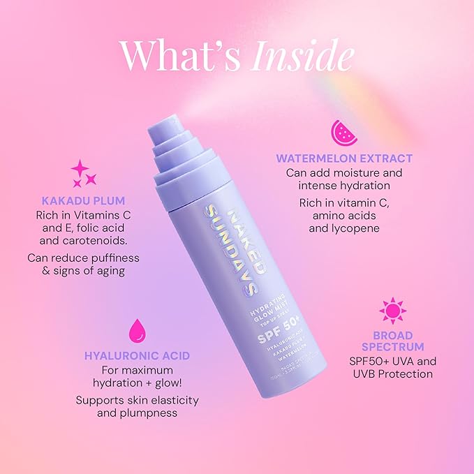 Naked Sundays SPF 50 Hydrating Glow Face Mist - Daily Sunscreen Spray & Makeup Setting Spray with Hyaluronic Acid, Lightweight, Non-Greasy & Hydrating, 75ml