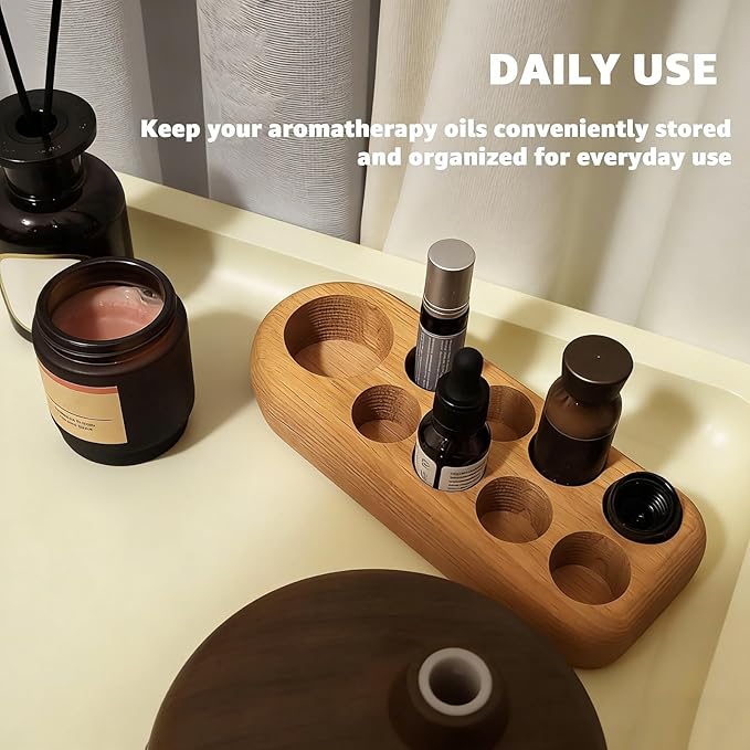VolksRose 5~100ml 9 Holder Wooden Essential Oil Organizer - Storage Rack with Stickers - Elegant Travel & Display Stand for Essential Oils, Nail Polish, Perfume, Compact Shelf for Tabletop
