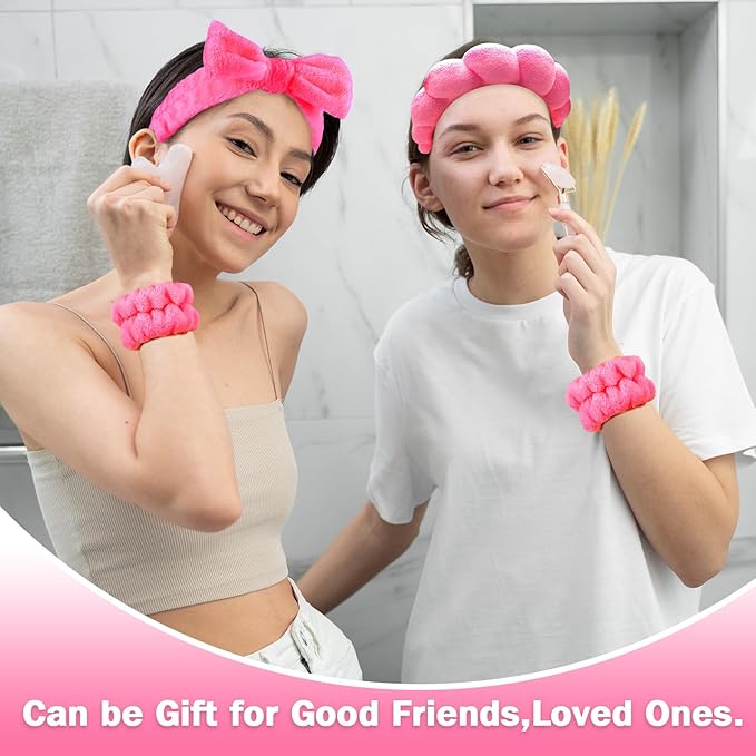 Zkptops 6Pcs Spa Headband for Washing Face Wristbands Set Women Bubble Makeup Sponge Terry Cloth Padded Puffy Skincare Headband Bow Tie Hairband Cute Non Slip Thick Hair Accessory Gifts (Rosy Red)