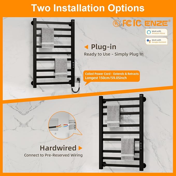 ENZE Smart Heated Towel Rack, 9-Bar Wall-Mounted Electric Towel Warmer 230W, Wi-Fi App Control & LED Touch Screen, Adjustable Temperature & 24H Timer, IPX5, Plug-in/Hardwired, Matte Black