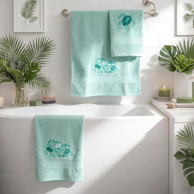 3 Pcs Rustic Sea Turtle Bathroom Towel Set Farmhouse Embroidered Sea Turtle Towels Vintage Decorative 100% Cotton Bath Towel Highly Absorbent Elegant Summer Decor Set for Bathroom