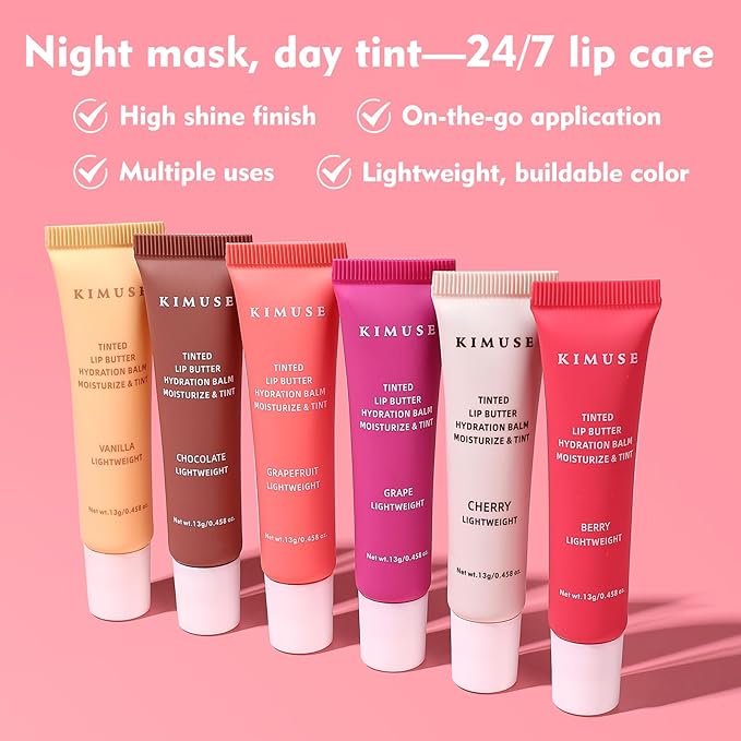 KIMUSE 6 Pcs Tinted Lip Butter Hydration Balm Set, 6 Flavored Shades Hydrating Plumping Gloss with Hyaluronic Acid & Vitamin E, Sheer Tint, Non-Sticky | Vegan Lip Care Makeup for Dry Lips & Daily