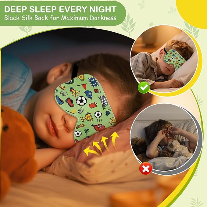 Kids Silk Sleep Mask: 100% Mulberry Silk Eye Mask with Adjustable Strap, Cute Sleeping Blindfold for Boys Girls Teens, Soft & Lightweight Eye Shade for Travel, Nap, Bedtime (Soccer Cute Print)
