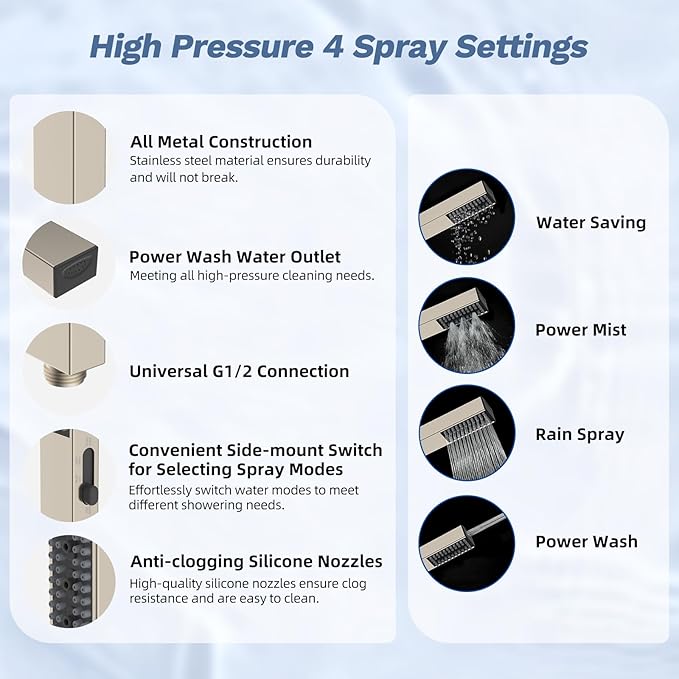 Hibbent 5-spray Filtered Rainfall Shower Head Combo, High Pressure 13'' Showerhead with Stainless Steel 4 Spray Modes Handheld, All Metal 4-way Diverter Arm, 71'' Hose & Holder, Brushed Nickel