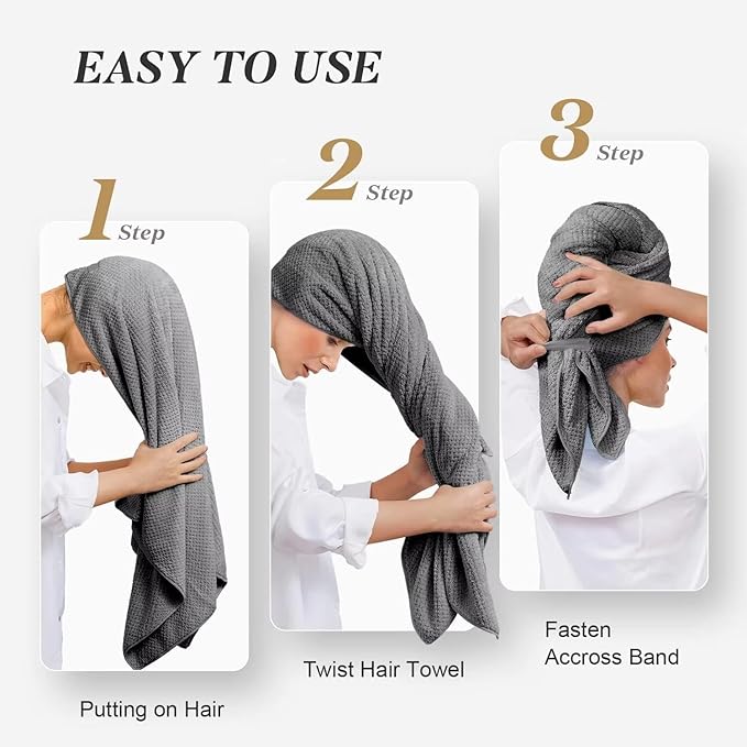 BEoffer 2 Pack Microfiber Hair Towel - 41 x 24 inches Super Soft, Absorbent, Fast Drying Without Frizz Hair Towel Wrap for Women Long, Thick, Curly Hair - Hair Turbans with Elastic Strap