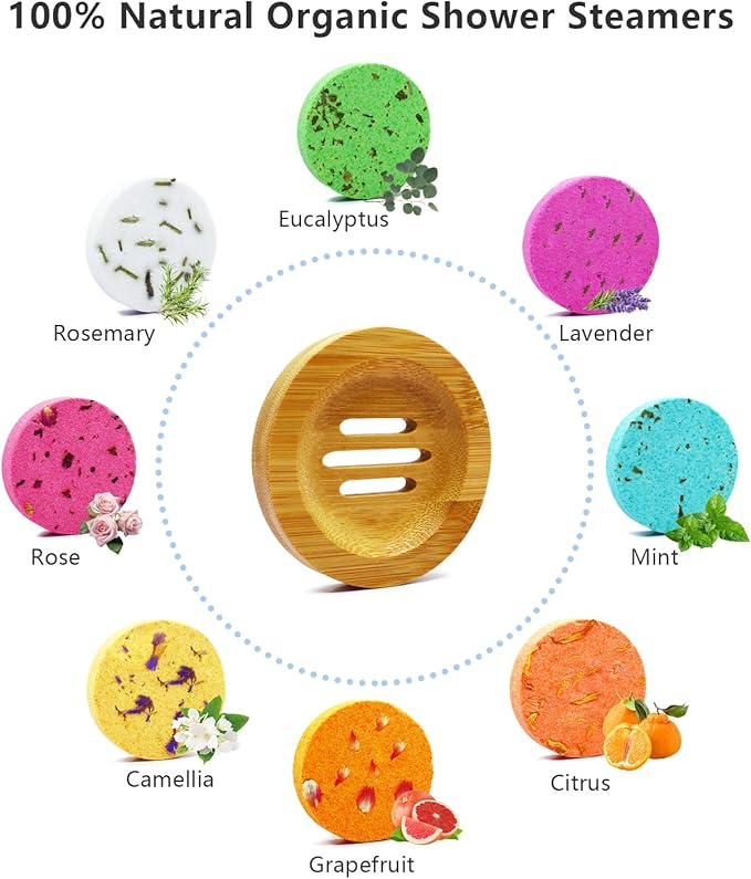 Shower Steamers Aromatherapy - 8 Pack Organic Shower Bombs with Shower Steamer Tray/Holder, Self Care Natural Essential Oil, Stress Relief Shower Bombs, Mothers Spa Gifts for Women, Wife, Her, Mom