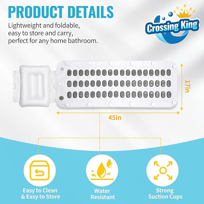 Crossing King Bubble Bath Mat Tub Spa Massager, Portable Spa Bubble Bath Massager with Upgraded Powerful Suction Cup, Electric Air Pump, Pillow and Remote Control for Relaxation 45 * 17in (Gray)