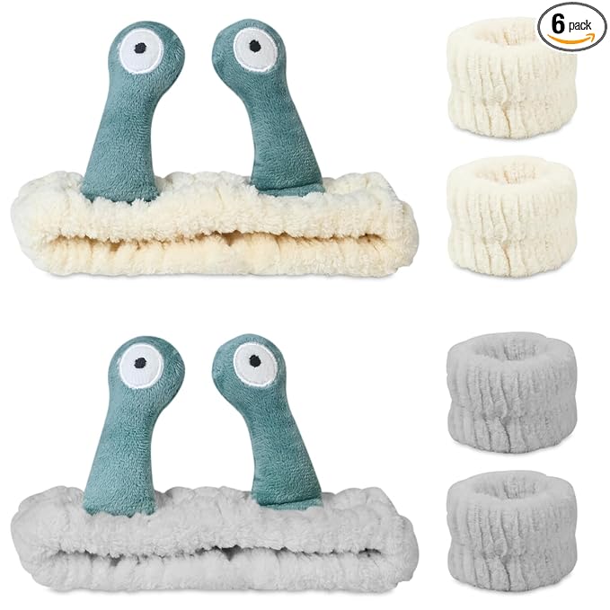 Snail Face Wash Headband Skincare & Wrist Bands for Washing Face Set Cute Spa Headband for Women and Wrist Faces Wash Bands for Shower, Facial Cleaning, Soft Coral Fleece Makeup Headbands,Beige & Grey