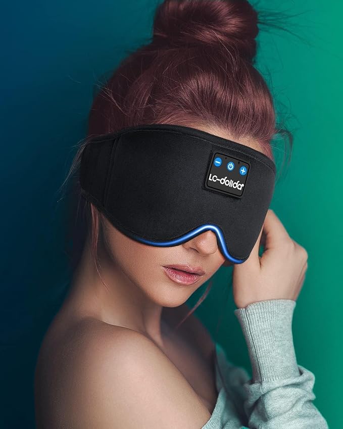 Sleep Mask with Headphones Bluetooth 5.4, LC-dolida Wireless Music Eye Mask for Sleeping Headphones with Soft Silk Cooling Breathable,Ultra-Thin Stereo Speaker for Side Sleepers-Raven