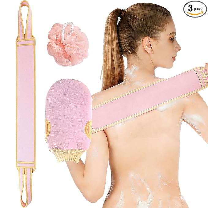 Exfoliating Glove and Back Scrubber for Shower - 3-Piece Exfoliating Mitt Set with Bath Sponge - Deep Skin Cleansing Body Scrubber for Dead Skin Removal, Self-Tan (Pink)