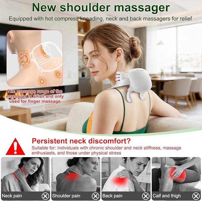 Nooydio Neck Massager, Neck and Back Massager with Heat & 4D Kneading, Shiatsu Deep Tissue Wireless Massager for Shoulder Cervical Pain Relief, Portable Rechargeable for Home Office (White)