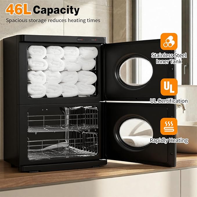 46L Hot Towel Warmer, Large Capacity Spa Towel Warmer with Double Cabinets, Professional Towel Warmer Cabinet with Clip & 4 Racks for Salon, Barber Shop, Massage, Facial