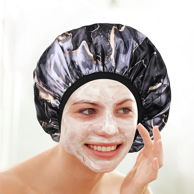 Black Marble Print Satin Shower Cap, Three-Layer Terry Cloth Lined, with Silk Hair Ties, Microfiber Waterproof Reusable Large Size Shower Cap for Women Long Thick Hair