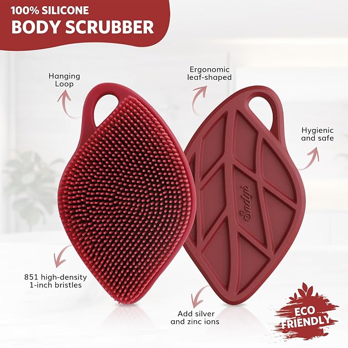 Sndyi Silicone Body Scrubber, Gentle Exfoliating Body Scrubber for Sensitive Skin, Leaf Shaped Shower Scrubber for Body with Lathering Bristles, Silicone Loofah Body Brush for Showering, Red