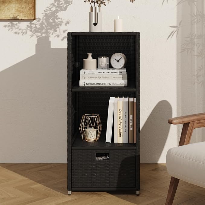 Rattan Outdoor Pool Towel Rack Cabinet, Wicker Pool Storage Bins Storage Organizer, 2 Layer Shelf Hot Tub Spa Accessories, 45in, Black