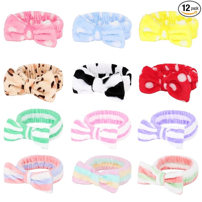 Casoty 12 Pcs Spa Headbands, Skin Care Headband, Soft Coral Fleece Makeup Head Bands, Bow Hair Band for Face Washing Shower Skin Care Yoga