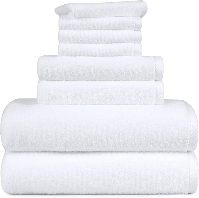 Amazon Basics 100% Cotton Soft Quick-Dry 8-Piece Towel Set, Bath Towels, Hand Towels, Washcloths, White, Compact & Lightweight