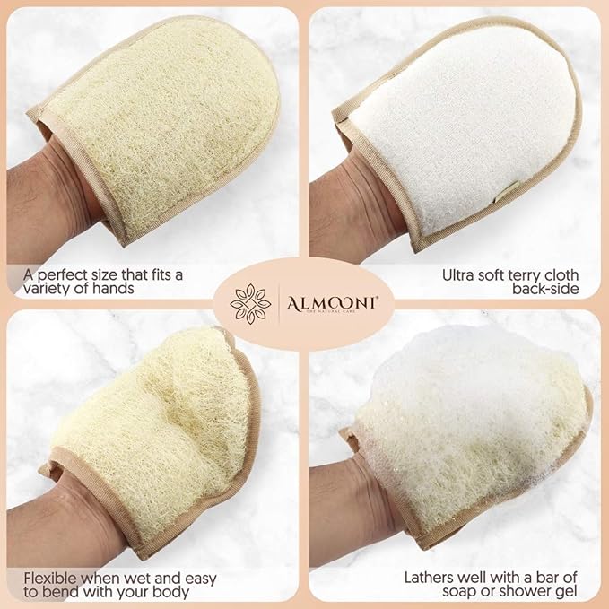 Almooni Egyptian Loofah Gloves for Women & Men, Real Natural Egyptian Loofah Mittens with Terry Cloth, Premium Exfoliating Mitt for Body Cleansing, 2-Pack