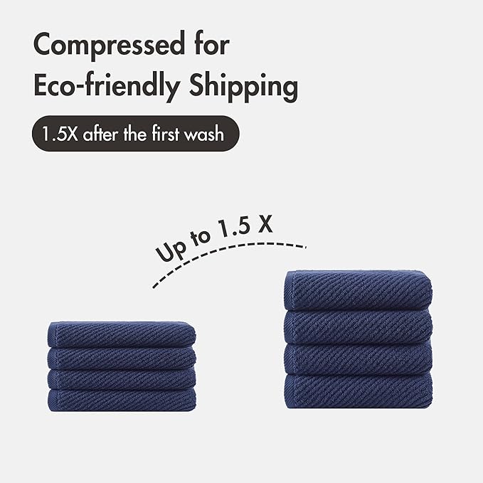 Madison Park 4-Piece Hand Towel Set for Bathroom 18" x 28" Diagonal Ribbed, Navy - 100% Cotton Soft Quick Dry & Absorbent Gift | Zero Twist, 500 GSM, Oeko-TEX, Hotel Quality