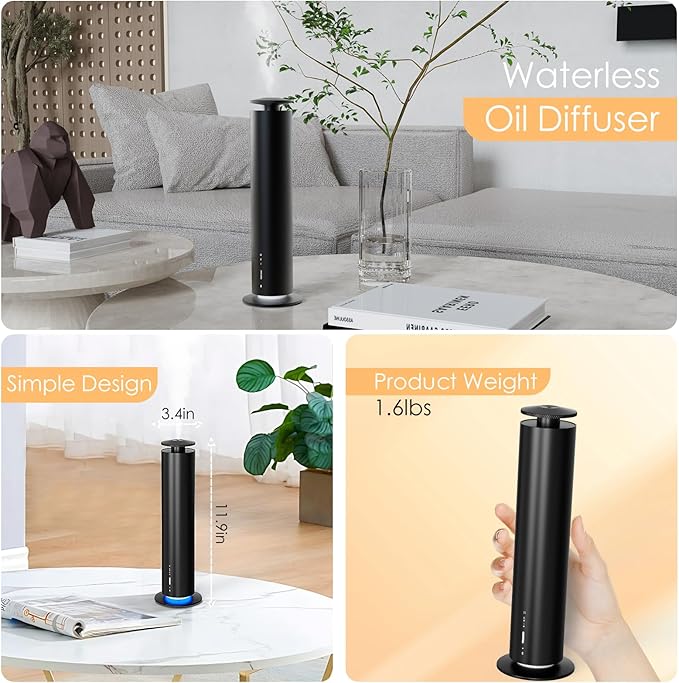 Waterless Essential Oil Diffuser, Long Lasting Aromatherapy Scent Diffuser for Home with Light Mode, 1500 Sq. Ft Coverage Quiet Oil Diffusers for Bedroom, Office, Included 5 Scent Oils(3.3OZ), Black