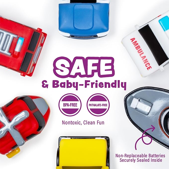 Tub Works® Emergency™ Cars Light Up Bath Toys, 6 Pack | Water-Activated Light Up Toys Flash & Change Color | Soft, Squeezable Baby & Toddler Bath Toys | Sensory Toys with Bath Lights for Kids Bath