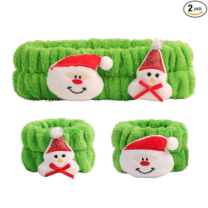 PERFECTSIGHT 2 Pack Cute Animal Headbands for Makeup Wash Shower Adjustable Elastic Hair Band for Girls and Women (Green Christmas)