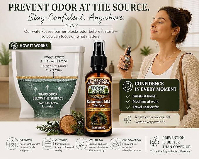 Cedarwood Pre-Poop Toilet Spray – Stops Odor Before It Starts, Bathroom Odor Eliminator, 4 oz (200+ Uses), Travel, Home & Work
