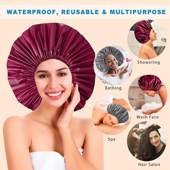 Jumbo Size Shower Cap 2 PCS Waterproof Shower Caps for Women, Extra Large Shower Cap, Reusable Super Large Bath Caps Hair Cap for Long Thick Curly Hair, Locs, Twist Braids - Grey+Purple-red