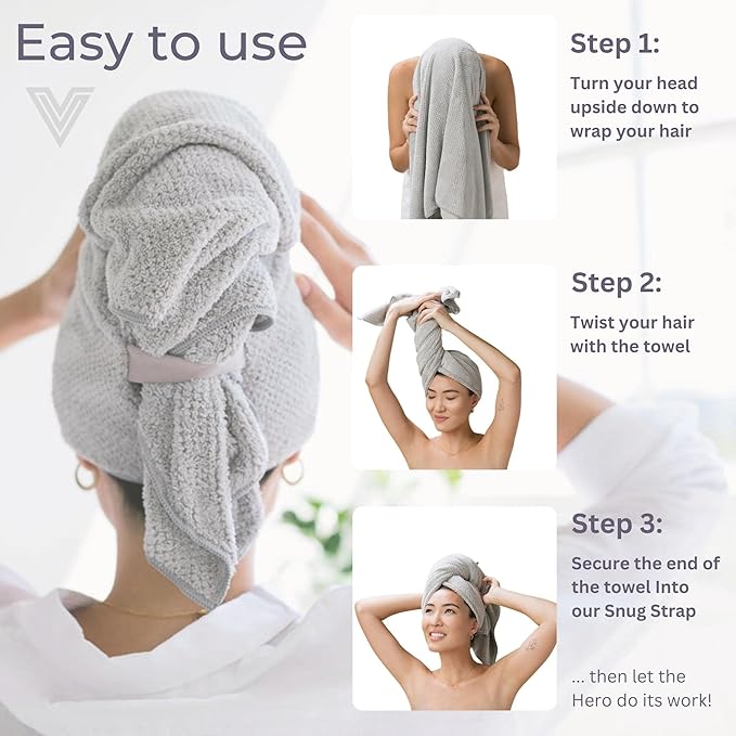 VOLO Hero Hair Towel – Ultra Soft Nanoweave™ Microfiber, Super Absorbent Quick Dry, Reduces Dry Time 50%, Anti-Frizz & Breakage, Secure Snug Strap, Large Wrap for All Hair Types - Luna Gray