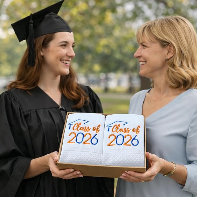 MASHAN Class of 2026 Graduation Hand Towels 3 Pack,100% Cotton Soft Absorbent Bathroom Towels,Senior 2026 Graduation Gift for Girls Boys,Blue Orange Decorative Towels 14x30 Inch