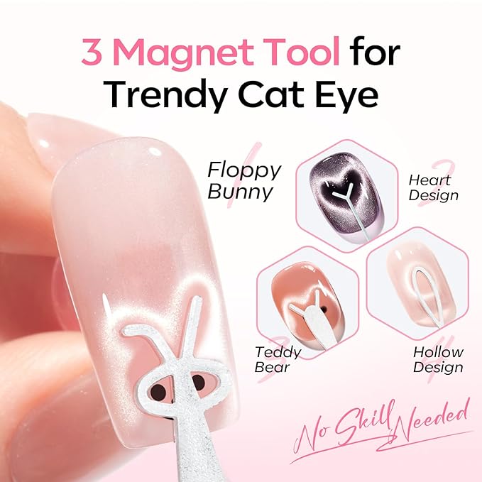 Modelones Cat Eye Magnet for Nails, 5 PCS Nail Magnet Tool Set for Cat Eye Gel Polish, 4-in-1 Cat Eye Nail Magnet with Magnetic Bead, Heart, Bunny &Circle Cat Eye Magnets for DIY Nail Art