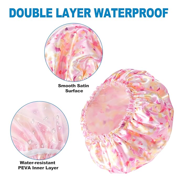 Shower Cap for Women Set of 4, Bath Caps, Double Layers Hair Caps + 3 Satin Hair Scrunchies, Reusable Waterproof Shower Caps, Elastic Hair Cap for Shower - Pattern B