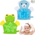 Cute Bath Gloves Loofah - 2 PCS Kids Animal Bath Gloves Body Scrubber, Double-Side Exfoliating Shower Sponges, Washcloths Mitts for Gentle Soft and Easy to Lather (Bear Frog)