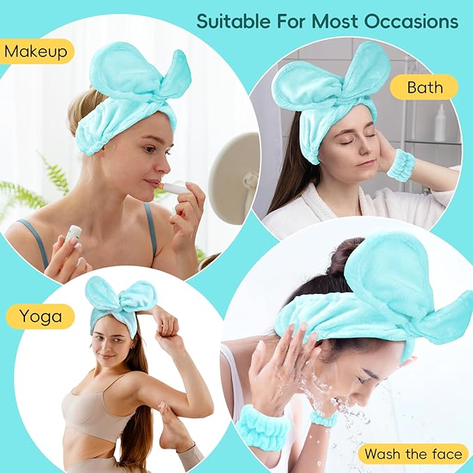 my novel things Face Wash Headband Set Adjustable Makeup Hair Headbands, Cute Spa Skincare Headband and Wristband Set 4PK, Ideal for Face Washing Coral Velvet for Girl Women Gift
