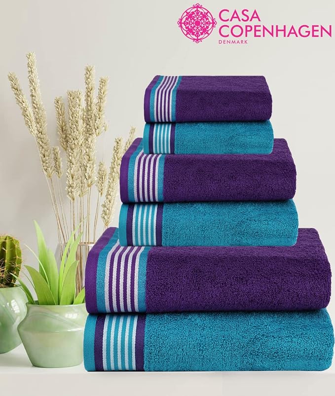 CASA COPENHAGEN He & She 6 Pieces Towel Set- Violet Indigo + Blue Green, 550 GSM 2 Bath Towel 2 Hand Towel 2 Washcloth, Designed in Denmark Made of Soft Egyptian Cotton for Bathroom, Kitchen & Shower
