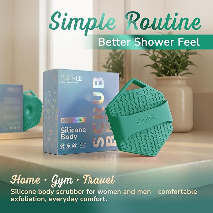 SILKLE Silicone Body Scrubber – Gentle Exfoliating Shower Scrubber for Body & Bath, Silicone Shower Brush & Loofah Alternative – Non-Slip Silicone Body Brush, Quick Dry, Hygienic - Green