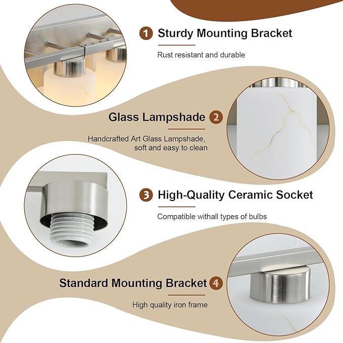 8-Light Bathroom Light Fixtures, Modern Vanity Lights, Brushed Nickel Metal Wall Lamp with White Marble Glass for Bathroom, Mirror, Living Room, Bedroom, Cabinet, Porch, Hallway, E26 Base