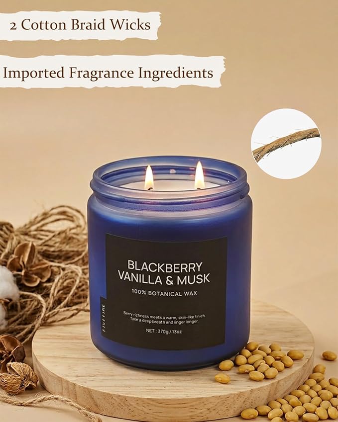 BlackBerry Vanilla Musk Home Scented Candles, 13oz Organic Soy Wax, 76-Hour Clean Burning, Natural Non-Toxic, Fruity & Warm Sensual Scent for Relaxation, Aromatherapy Housewarming Candle Men Women