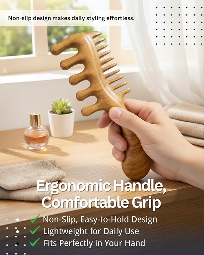 Wooden Scalp Massager Comb – Natural Wood Wide & Fine Tooth Hair Comb with Handle – Hair Massager Comb for Hair Growth, Scalp Care & Stress Relief – Detangling Tool for All Hair Types