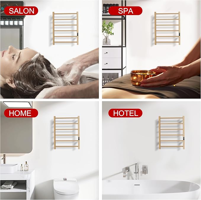Heated Towel Racks for Bathroom, Wall Mounted Electric Towel Warmer Racks with Timer & Temperature Control, Stainless Steel Towel Heater for Bathroom (Square-Brushed Gold 6 Bars)