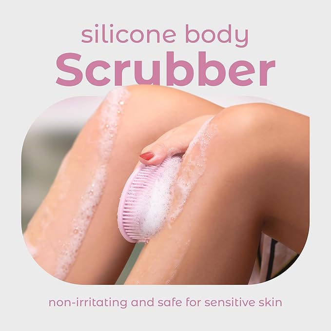 MainBasics Silicone Body Scrubber Dual-Sided Shower Loofah and Massaging Nodes (Pink, Massage)